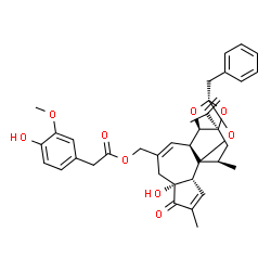 ChemSpider 2D Image | [(2R,6R,10S,11R,13R,15R,17R)-13-Benzyl-6-hydroxy-15-isopropenyl-4,17-dimethyl-5-oxo-12,14,18-trioxapentacyclo[11.4.1.0~1,10~.0~2,6~.0~11,15~]octadeca-3,8-dien-8-yl]methyl (4-hydroxy-3-methoxyphenyl)ac
etate | C37H40O9