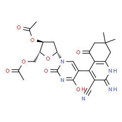 ChemSpider 2D Image | 5-(3-Cyano-2-imino-7,7-dimethyl-5-oxo-1,2,5,6,7,8-hexahydro-4-quinolinyl)-1-(3,5-di-O-acetyl-2-deoxy-beta-D-erythro-pentofuranosyl)-4-hydroxy-2(1H)-pyrimidinone | C25H27N5O8
