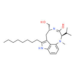 ChemSpider 2D Image | (2R,3E,5R)-5-(Hydroxymethyl)-2-isopropyl-1-methyl-7-octyl-2,5,6,8-tetrahydro-1H-[1,4]diazonino[7,6,5-cd]indol-3-ol | C25H39N3O2