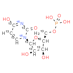 ChemSpider 2D Image | 4-Hydroxy-1-[5-O-(~13~C_5_)phosphono-beta-D-ribofuranosyl]-2(1H)-(~13~C_4_,~15~N_2_)pyrimidinone | 13C9H1315N2O9P