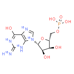 ChemSpider 2D Image | 2-(~15~N)Imino-9-(5-O-phosphono-beta-D-ribofuranosyl)(~15~N_4_)-3,9-dihydro-2H-purin-6-ol | C10H1415N5O8P