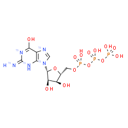 ChemSpider 2D Image | 9-[5-O-(Hydroxy{[hydroxy(phosphonooxy)phosphoryl]oxy}phosphoryl)-beta-D-ribofuranosyl]-2-(~15~N)imino(~15~N_4_)-3,9-dihydro-2H-purin-6-ol | C10H1615N5O14P3
