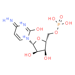 ChemSpider 2D Image | 4-(~15~N)Imino-1-(5-O-phosphono-beta-D-ribofuranosyl)(~15~N_2_)-1,4-dihydro-2-pyrimidinol | C9H1415N3O8P