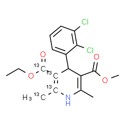 ChemSpider 2D Image | 3-Ethyl 5-methyl 4-(2,3-dichlorophenyl)-6-methyl-2-(~13~C)methyl(2,3-~13~C_2_)-1,4-dihydro-3,5-pyridine(3-~13~C)dicarboxylate | C1413C4H19Cl2NO4