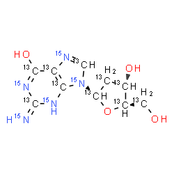 ChemSpider 2D Image | 9-[2-(~13~C_5_)Deoxy-beta-D-erythro-pentofuranosyl]-2-(~15~N)imino(~13~C_5_,~15~N_4_)-3,9-dihydro-2H-purin-6-ol | 13C10H1315N5O4