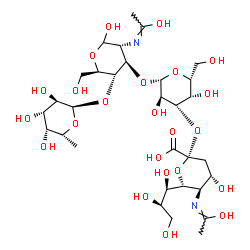 ChemSpider 2D Image | 6-Deoxy-alpha-D-galactopyranosyl-(1->4)-[(6R)-3,5-dideoxy-5-[(Z)-(1-hydroxyethylidene)amino]-6-[(1R,2R)-1,2,3-trihydroxypropyl]-beta-L-threo-hex-2-ulopyranonosyl-(2->3)-beta-D-galactopyranosyl-(1->3)]
-2-deoxy-2-[(E)-(1-hydroxyethylidene)amino]-D-glucopyranose | C31H52N2O23