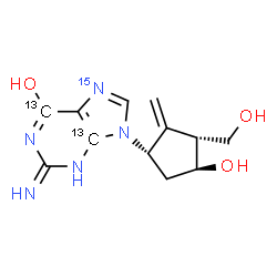 ChemSpider 2D Image | 9-[(1S,3R,4S)-4-Hydroxy-3-(hydroxymethyl)-2-methylenecyclopentyl]-2-imino(4,6-~13~C_2_,7-~15~N)-3,9-dihydro-2H-purin-6-ol | C1013C2H15N415NO3