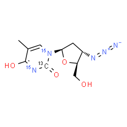 ChemSpider 2D Image | 1-(3-Azido-2,3-dideoxy-beta-D-erythro-pentofuranosyl)-4-hydroxy-5-methyl-2(1H)-(2-~13~C,~15~N_2_)pyrimidinone | C913CH13N315N2O4