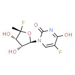 ChemSpider 2D Image | 5-Fluoro-1-[(2R,3R,4S,5S)-5-fluoro-3,4-dihydroxy-5-methyltetrahydro-2-furanyl]-4-hydroxy-2(1H)-pyrimidinone (non-preferred name) | C9H10F2N2O5