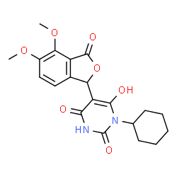 ChemSpider 2D Image | 1-Cyclohexyl-5-(4,5-dimethoxy-3-oxo-1,3-dihydro-2-benzofuran-1-yl)-6-hydroxy-2,4(1H,3H)-pyrimidinedione | C20H22N2O7
