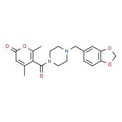 ChemSpider 2D Image | 5-{[4-(1,3-Benzodioxol-5-ylmethyl)-1-piperazinyl]carbonyl}-4,6-dimethyl-2H-pyran-2-one | C20H22N2O5