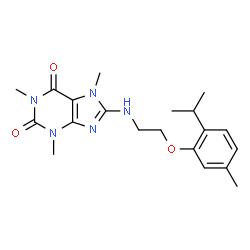 ChemSpider 2D Image | 8-{[2-(2-Isopropyl-5-methylphenoxy)ethyl]amino}-1,3,7-trimethyl-3,7-dihydro-1H-purine-2,6-dione | C20H27N5O3