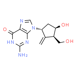 ChemSpider 2D Image | 2-Amino-9-((1R,3R,4R)-4-hydroxy-3-(hydroxymethyl)-2-methylenecyclopentyl)-1H-purin-6(9H)-one | C12H15N5O3