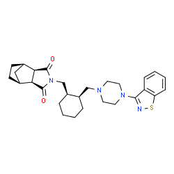 ChemSpider 2D Image | (1R,2R,6S,7S)-4-{[(1R,2S)-2-{[4-(1,2-Benzothiazol-3-yl)-1-piperazinyl]methyl}cyclohexyl]methyl}-4-azatricyclo[5.2.1.0~2,6~]decane-3,5-dione | C28H36N4O2S