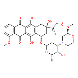 ChemSpider 2D Image | (1S,3S)-3-Glycoloyl-3,5,12-trihydroxy-10-methoxy-6,11-dioxo-1,2,3,4,6,11-hexahydro-1-tetracenyl 2,3,6-trideoxy-3-[(2S)-2-methoxy-4-morpholinyl]-L-lyxo-hexopyranoside | C32H37NO13
