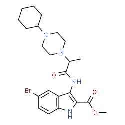 ChemSpider 2D Image | Methyl 5-bromo-3-{[2-(4-cyclohexyl-1-piperazinyl)propanoyl]amino}-1H-indole-2-carboxylate | C23H31BrN4O3