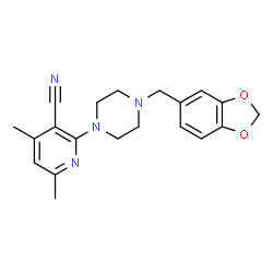 ChemSpider 2D Image | 2-[4-(1,3-Benzodioxol-5-ylmethyl)-1-piperazinyl]-4,6-dimethylnicotinonitrile | C20H22N4O2