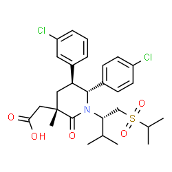ChemSpider 2D Image | {(3S,5S,6R)-5-(3-Chlorophenyl)-6-(4-chlorophenyl)-1-[(2S)-1-(isopropylsulfonyl)-3-methyl-2-butanyl]-3-methyl-2-oxo-3-piperidinyl}acetic acid | C28H35Cl2NO5S