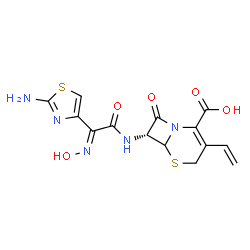 ChemSpider 2D Image | (7R)-7-{[(2E)-2-(2-Amino-1,3-thiazol-4-yl)-2-(hydroxyimino)acetyl]amino}-8-oxo-3-vinyl-5-thia-1-azabicyclo[4.2.0]oct-2-ene-2-carboxylic acid | C14H13N5O5S2