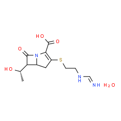 ChemSpider 2D Image | 6-[(1S)-1-Hydroxyethyl]-3-({2-[(iminomethyl)amino]ethyl}sulfanyl)-7-oxo-1-azabicyclo[3.2.0]hept-2-ene-2-carboxylic acid hydrate (1:1) | C12H19N3O5S
