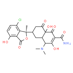 ChemSpider 2D Image | 6-[(1R)-7-Chloro-4-hydroxy-1-methyl-3-oxo-1,3-dihydro-2-benzofuran-1-yl]-4-(dimethylamino)-3,8a-dihydroxy-1,8-dioxo-1,4,4a,5,6,7,8,8a-octahydro-2-naphthalenecarboxamide | C22H23ClN2O8