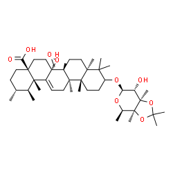 ChemSpider 2D Image | 3-[(6-Deoxy-3,4-O-isopropylidene-3,4-di-C-methyl-beta-D-galactopyranosyl)oxy]-5,9,18-trimethylurs-12-ene-27,28-dioic acid | C44H70O9