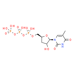 ChemSpider 2D Image | 1-[(2xi)-3-Deoxy-5-O-(hydroxy{[hydroxy(phosphonooxy)phosphoryl]oxy}phosphoryl)-beta-D-glycero-pentofuranosyl]-5-methyl-2,4(1H,3H)-pyrimidinedione | C10H17N2O14P3