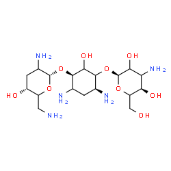 ChemSpider 2D Image | (1R,4S)-4,6-Diamino-3-[(3-amino-3-deoxy-alpha-L-glycero-hexopyranosyl)oxy]-2-hydroxycyclohexyl 2,6-diamino-2,3,6-trideoxy-alpha-L-glycero-hexopyranoside | C18H37N5O9