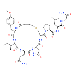 ChemSpider 2D Image | 1-{[(3R,6S,9R,12S,15S)-6-(2-Amino-2-oxoethyl)-9-(3-amino-3-oxopropyl)-12-[(2S)-2-butanyl]-15-(4-methoxybenzyl)-5,8,11,14,17-pentaoxo-1-thia-4,7,10,13,16-pentaazacycloicosan-3-yl]carbonyl}-L-prolyl-L-l
eucylglycinamide | C45H69N11O12S