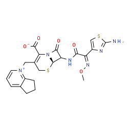 ChemSpider 2D Image | (6R)-7-{[(2Z)-2-(2-Amino-1,3-thiazol-4-yl)-2-(methoxyimino)acetyl]amino}-3-(6,7-dihydro-5H-cyclopenta[b]pyridinium-1-ylmethyl)-8-oxo-5-thia-1-azabicyclo[4.2.0]oct-2-ene-2-carboxylate | C22H22N6O5S2