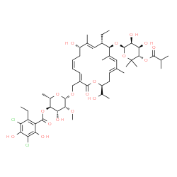 ChemSpider 2D Image | (2S,3R,4R,5R,6S)-6-({(3E,5Z,8S,9E,11S,12R,13E,15E,18S)-12-{[(2R,3S,4R,5S)-3,4-Dihydroxy-5-(isobutyryloxy)-6,6-dimethyltetrahydro-2H-pyran-2-yl]oxy}-11-ethyl-8-hydroxy-18-[(1S)-1-hydroxyethyl]-9,13,15-
trimethyl-2-oxooxacyclooctadeca-3,5,9,13,15-pentaen-3-yl}methoxy)-4-hydroxy-5-methoxy-2-methyltetrahydro-2H-pyran-3-yl 3,5-dichloro-2-ethyl-4,6-dihydroxybenzoate (non-preferred name) | C52H74Cl2O18