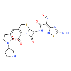 ChemSpider 2D Image | 7-{[(2E)-2-(5-Amino-1,2,4-thiadiazol-3(2H)-ylidene)-2-nitrosoacetyl]amino}-8-oxo-3-[(Z)-(2-oxo-1,3'-bipyrrolidin-3-ylidene)methyl]-5-thia-1-azabicyclo[4.2.0]oct-2-ene-2-carboxylic acid | C20H22N8O6S2