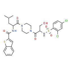 ChemSpider 2D Image | N-[1-(4-{N-[(2,4-Dichlorophenyl)sulfonyl]seryl}-1-piperazinyl)-4-methyl-1-oxo-2-pentanyl]-1-benzothiophene-2-carboxamide | C28H32Cl2N4O6S2