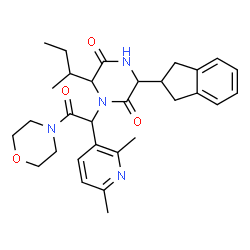 ChemSpider 2D Image | 6-sec-Butyl-3-(2,3-dihydro-1H-inden-2-yl)-1-[1-(2,6-dimethyl-3-pyridinyl)-2-(4-morpholinyl)-2-oxoethyl]-2,5-piperazinedione | C30H38N4O4