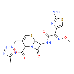 ChemSpider 2D Image | 7-{[(2E)-2-(2-Amino-1,3-thiazol-4-yl)-2-(methoxyimino)acetyl]amino}-3-[(5-methyl-2H-tetrazol-2-yl)methyl]-8-oxo-5-thia-1-azabicyclo[4.2.0]oct-3-ene-2-carboxylic acid | C16H17N9O5S2