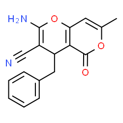 ChemSpider 2D Image | 2-AMINO-4-BENZYL-7-METHYL-5-OXO-4H,5H-PYRANO(4,3-B)PYRAN-3-CARBONITRILE | C17H14N2O3