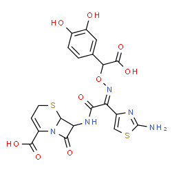 ChemSpider 2D Image | 7-{[(2Z)-2-(2-Amino-1,3-thiazol-4-yl)-2-{[carboxy(3,4-dihydroxyphenyl)methoxy]imino}acetyl]amino}-8-oxo-5-thia-1-azabicyclo[4.2.0]oct-2-ene-2-carboxylic acid | C20H17N5O9S2