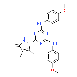 ChemSpider 2D Image | 1-{4,6-bis[(4-methoxyphenyl)amino]-1,3,5-triazin-2-yl}-4,5-dimethyl-2H-pyrazol-3-one | C22H23N7O3