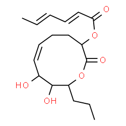 ChemSpider 2D Image | (6Z)-8,9-Dihydroxy-2-oxo-10-propyl-3,4,5,8,9,10-hexahydro-2H-oxecin-3-yl (2E,4E)-2,4-hexadienoate | C18H26O6