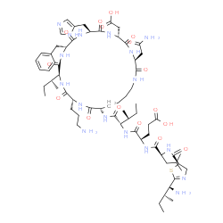 ChemSpider 2D Image | N-({(5R)-2-[(1S,2R)-1-Amino-2-methylbutyl]-4,5-dihydro-1,3-thiazol-5-yl}carbonyl)leucyl-D-alpha-glutamyl-N-[(3S,6R,9S,12R,15S,18R,21S)-3-(2-amino-2-oxoethyl)-18-(3-aminopropyl)-12-benzyl-15-[(2R)-2-bu
tanyl]-6-(carboxymethyl)-9-(1H-imidazol-5-ylmethyl)-2,5,8,11,14,17,20-heptaoxo-1,4,7,10,13,16,19-heptaazacyclopentacosan-21-yl]-L-isoleucinamide | C66H103N17O16S