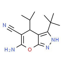 ChemSpider 2D Image | 6-Amino-3-tert-butyl-4-isopropyl-1,4-dihydropyrano[2,3-c]pyrazole-5-carbonitrile | C14H20N4O