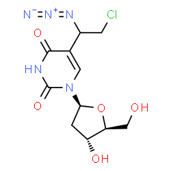 ChemSpider 2D Image | 5-(1-Azido-2-chloroethyl)-1-(2-deoxy-beta-L-erythro-pentofuranosyl)-2,4(1H,3H)-pyrimidinedione | C11H14ClN5O5