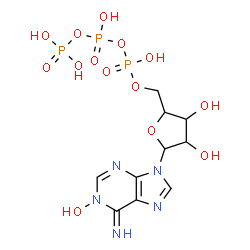 ChemSpider 2D Image | 9-[5-O-(Hydroxy{[hydroxy(phosphonooxy)phosphoryl]oxy}phosphoryl)pentofuranosyl]-6-imino-6,9-dihydro-1H-purin-1-ol | C10H16N5O14P3