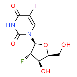 ChemSpider 2D Image | 1-(2-Deoxy-2-fluoro-beta-L-xylofuranosyl)-5-iodo-2,4(1H,3H)-pyrimidinedione | C9H10FIN2O5