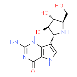 ChemSpider 2D Image | 2-Amino-7-[(2R,3R,4R,5R)-3,4-dihydroxy-5-(hydroxymethyl)-2-pyrrolidinyl]-1,5-dihydro-4H-pyrrolo[3,2-d]pyrimidin-4-one | C11H15N5O4