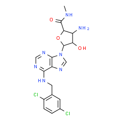 ChemSpider 2D Image | 3-Amino-5-{6-[(2,5-dichlorobenzyl)amino]-9H-purin-9-yl}-4-hydroxy-N-methyltetrahydro-2-furancarboxamide (non-preferred name) | C18H19Cl2N7O3