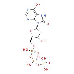 ChemSpider 2D Image | 9-[2-Deoxy-5-O-(hydroxy{[hydroxy(phosphonooxy)phosphoryl]oxy}phosphoryl)-beta-D-erythro-pentofuranosyl]-6-hydroxy-7,9-dihydro-8H-purin-8-one | C10H15N4O14P3