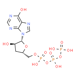 ChemSpider 2D Image | 9-[3-Deoxy-5-O-(hydroxy{[hydroxy(phosphonooxy)phosphoryl]oxy}phosphoryl)-beta-D-erythro-pentofuranosyl]-9H-purin-6-ol | C10H15N4O13P3