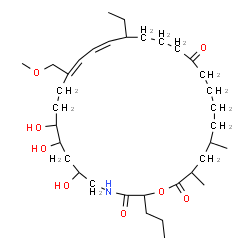 ChemSpider 2D Image | (12E,14Z)-16-Ethyl-6,8,9-trihydroxy-12-(methoxymethyl)-25,27-dimethyl-2-propyl-1-oxa-4-azacyclooctacosa-12,14-diene-3,20,28-trione | C35H61NO8