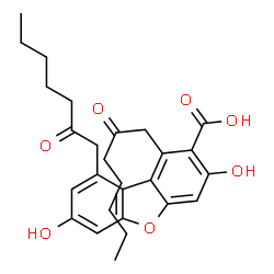 ChemSpider 2D Image | 3,7-Dihydroxy-1,9-bis(2-oxoheptyl)dibenzo[b,d]furan-2-carboxylic acid | C27H32O7